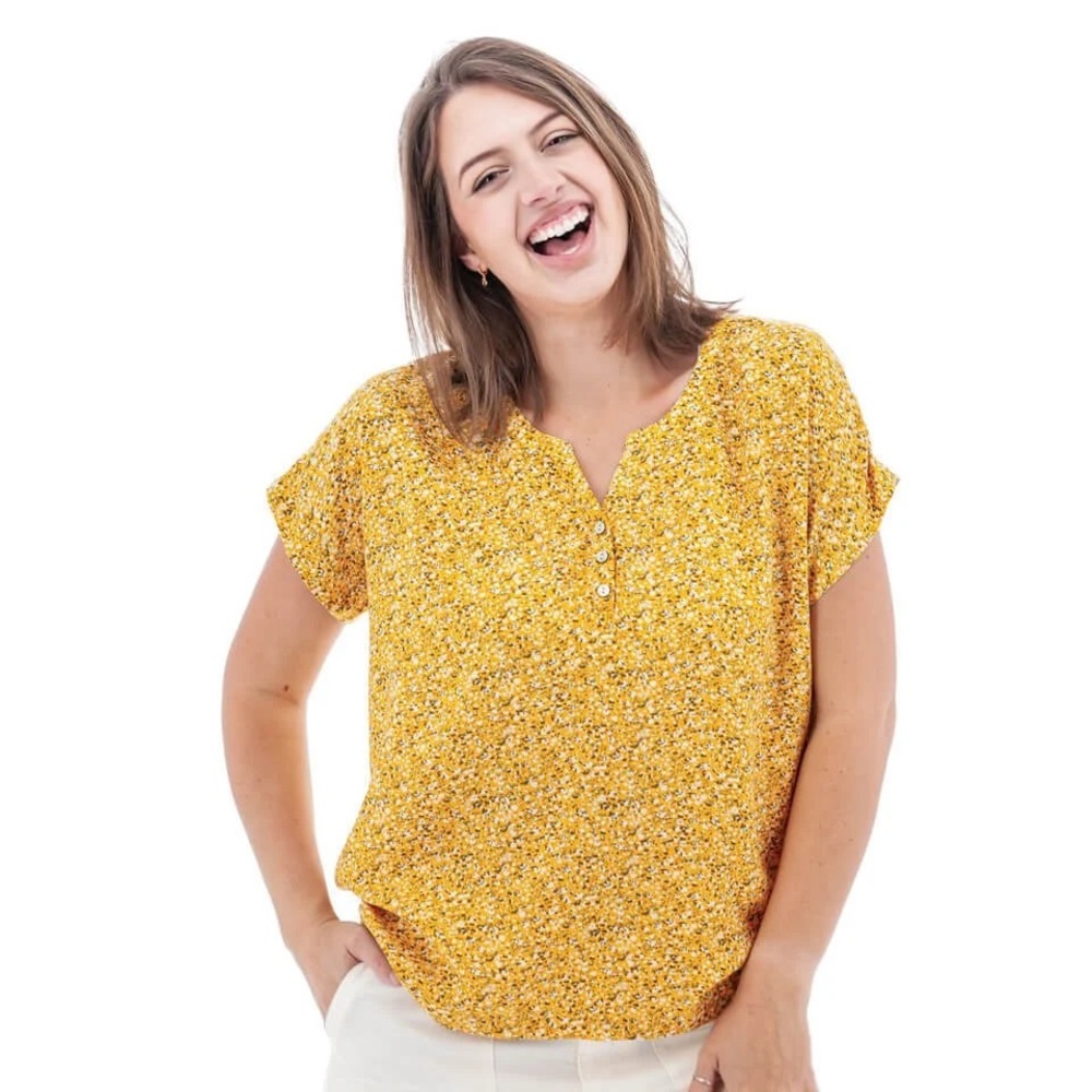 Women’s Adventura Yellow Speckled 💯 Tencel Short Sleeve Blouse Button Front S